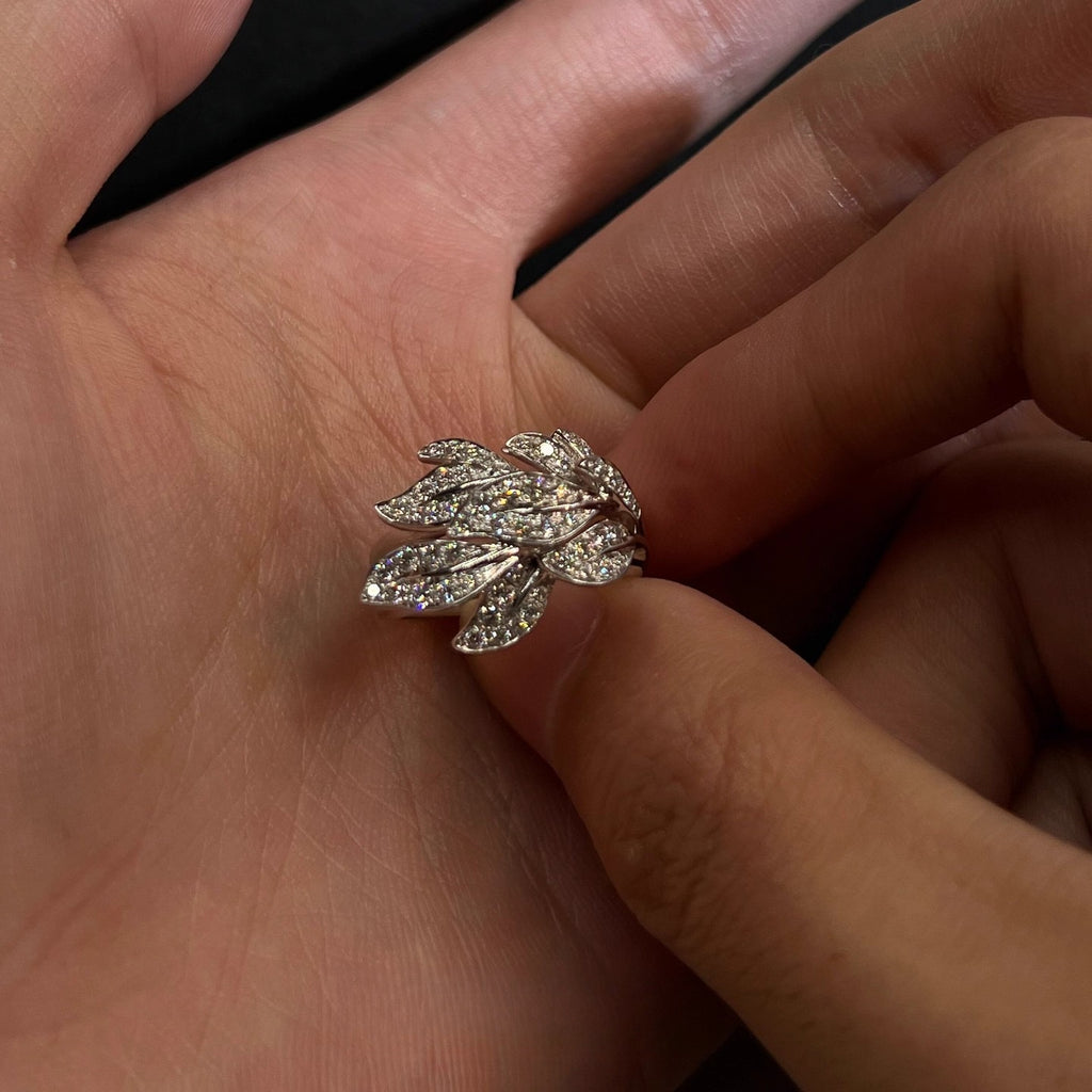Adjustable Leaf Ring Silver Tone Copper with Sparkling Crystal Accents for Women