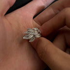 Adjustable Leaf Ring Silver Tone Copper with Sparkling Crystal Accents for Women
