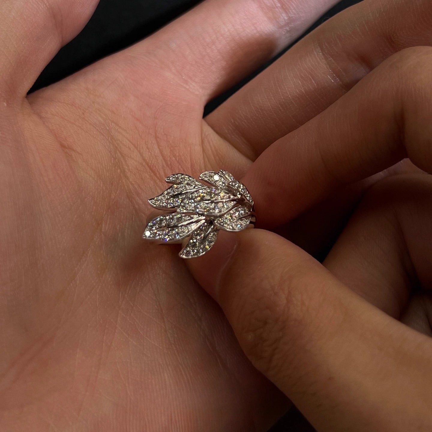 Adjustable Leaf Ring Silver Tone Copper with Sparkling Crystal Accents for Women