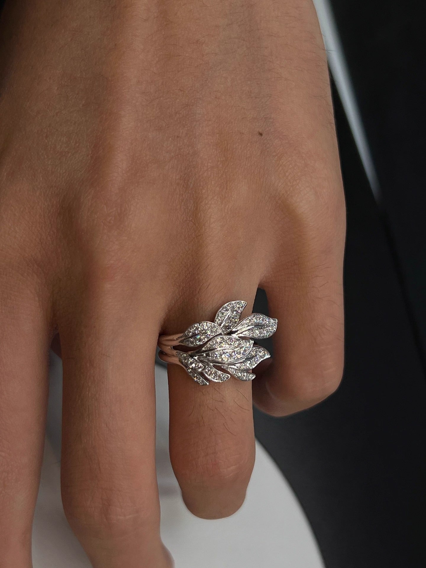 Adjustable Leaf Ring Silver Tone Copper with Sparkling Crystal Accents for Women