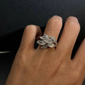 Adjustable Leaf Ring Silver Tone Copper with Sparkling Crystal Accents for Women