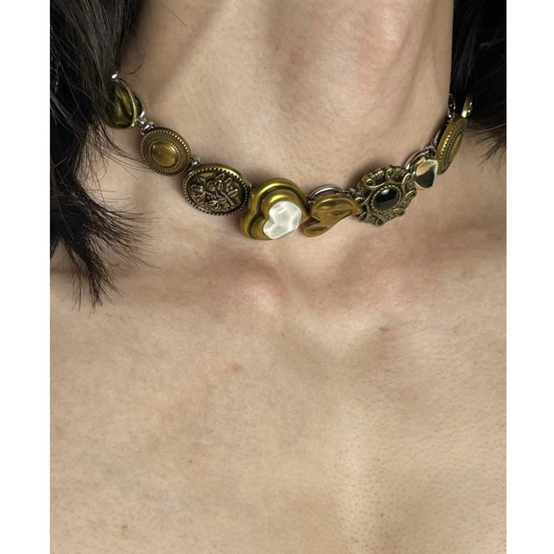 Vintage Distressed Button Choker Necklace Antique Gold for Women