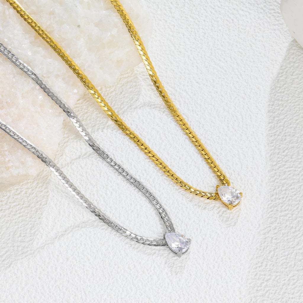 Gold Teardrop Zircon Stainless Steel Necklace Snake Chain Pendant
