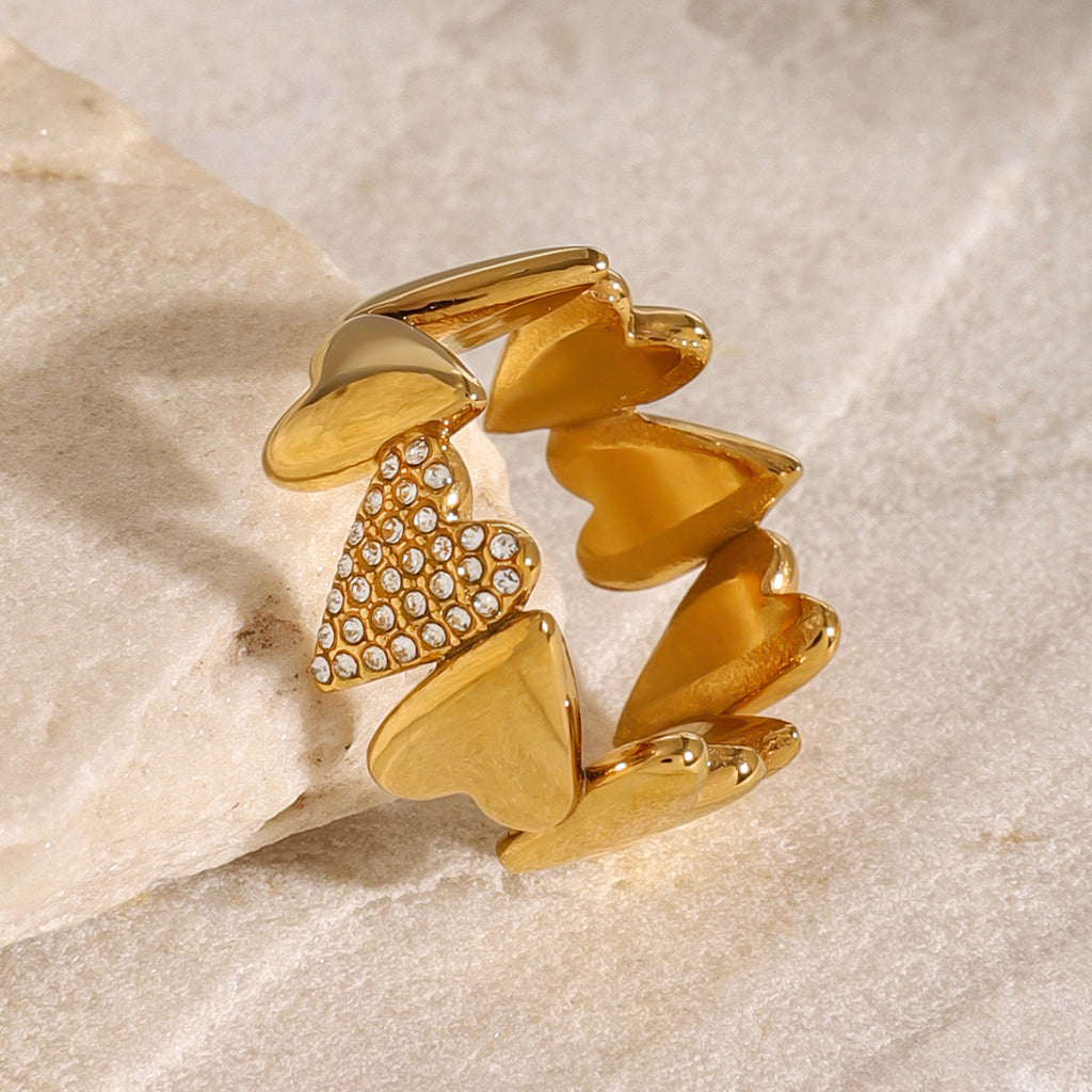 Gold Heart Shape Stainless Steel Zircon Ring for Women