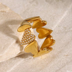 Gold Heart Shape Stainless Steel Zircon Ring for Women