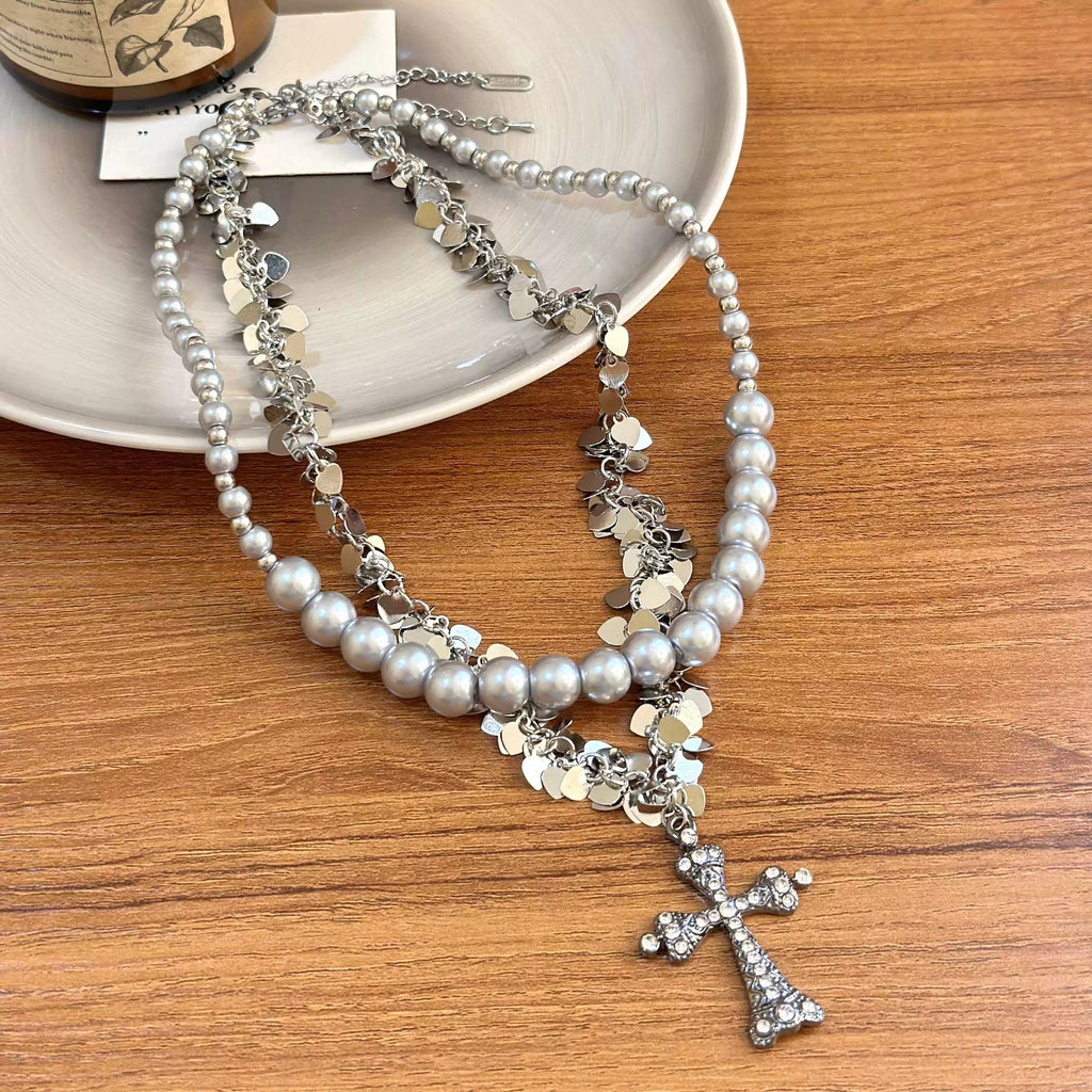 Vintage Punk Collarbone Necklace Alloy Cross Heart Pearl Layered