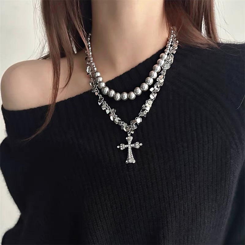 Vintage Punk Collarbone Necklace Alloy Cross Heart Pearl Layered