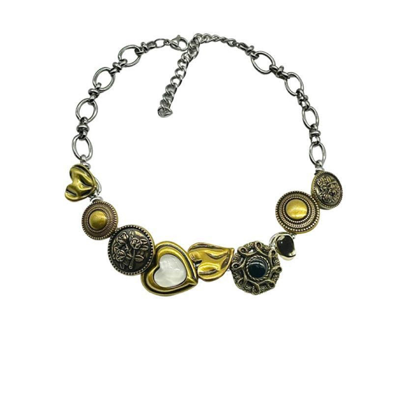Vintage Distressed Button Choker Necklace Antique Gold for Women