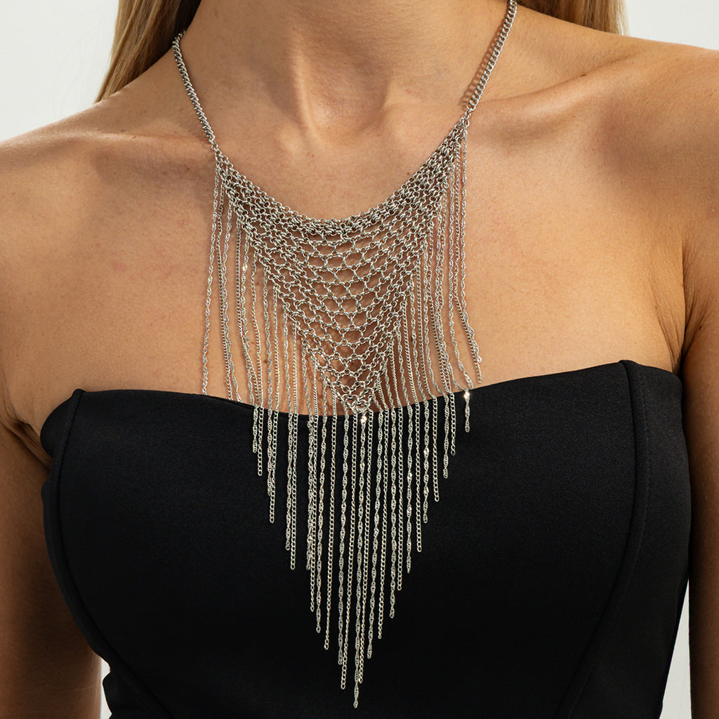 Punk Tassel Statement Necklace Stainless Steel Antique Gold for Women