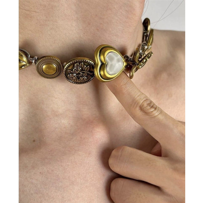 Vintage Distressed Button Choker Necklace Antique Gold for Women