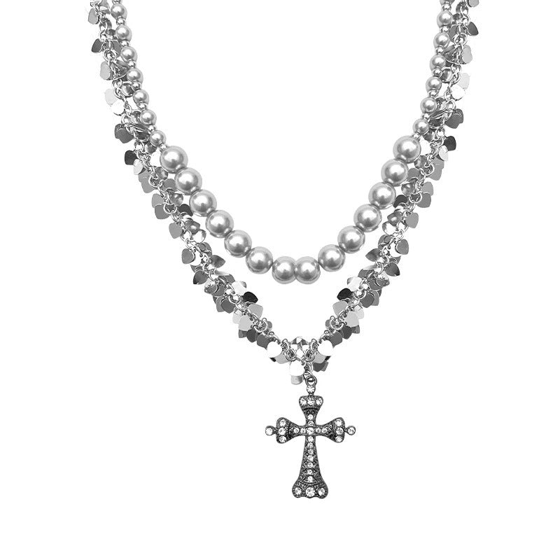 Vintage Punk Collarbone Necklace Alloy Cross Heart Pearl Layered