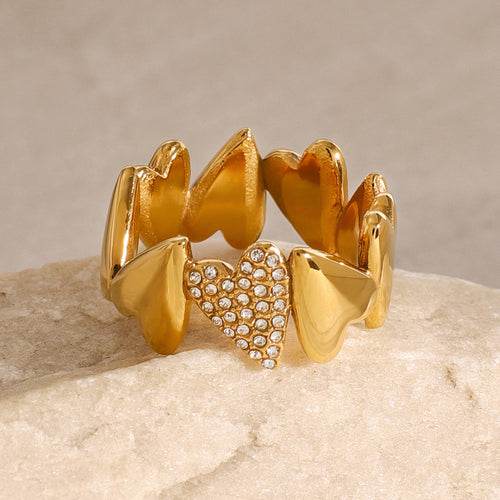 Gold Heart Shape Stainless Steel Zircon Ring for Women