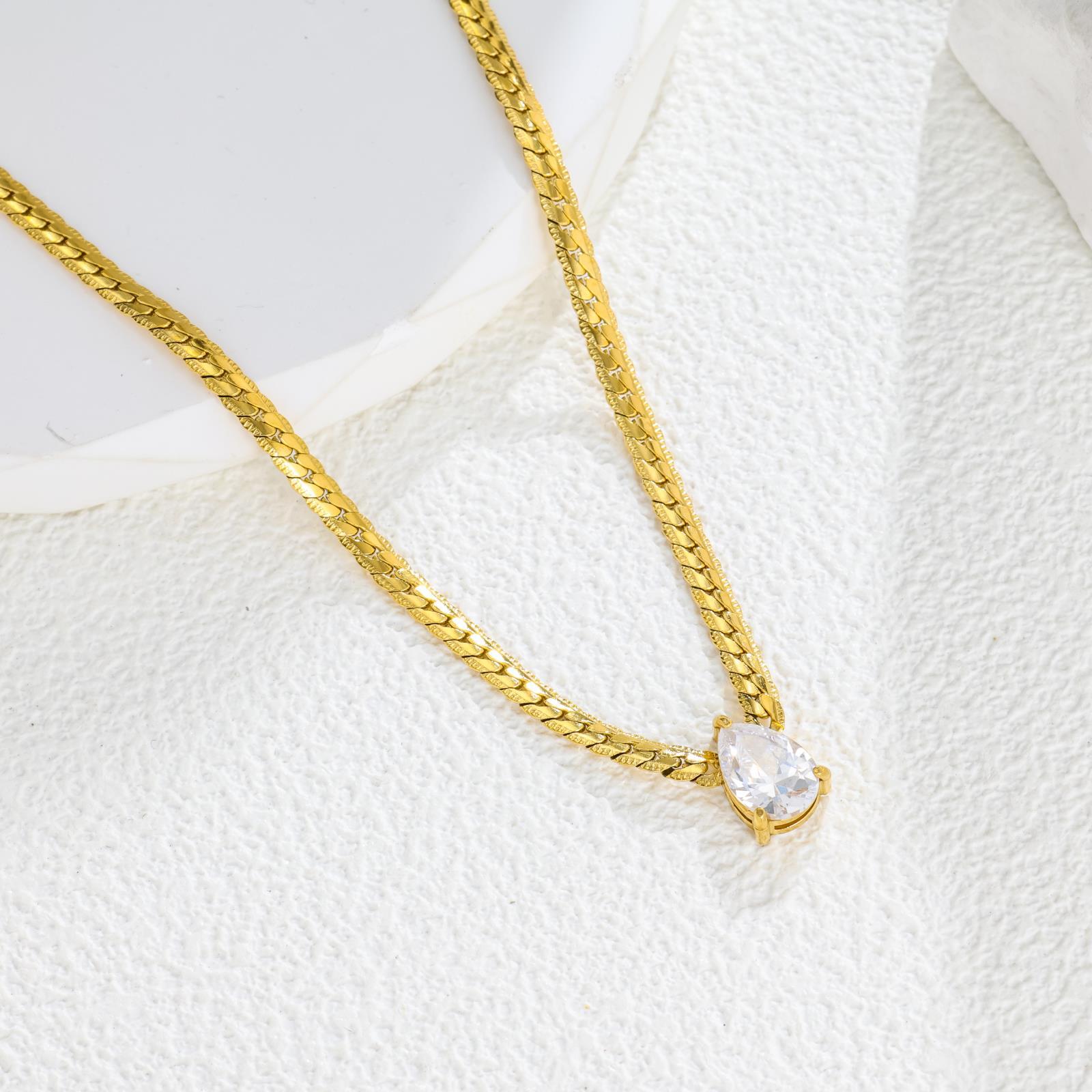 Gold Teardrop Zircon Stainless Steel Necklace Snake Chain Pendant