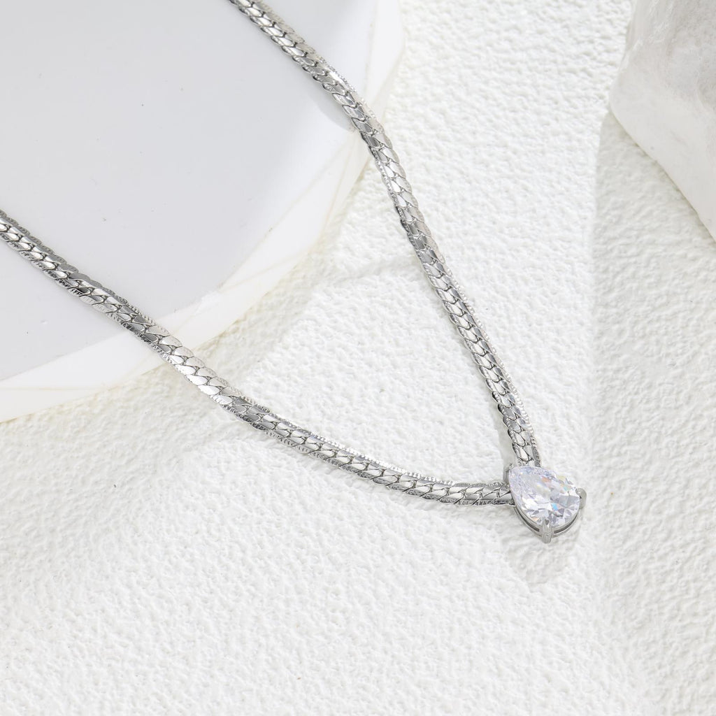 Gold Teardrop Zircon Stainless Steel Necklace Snake Chain Pendant