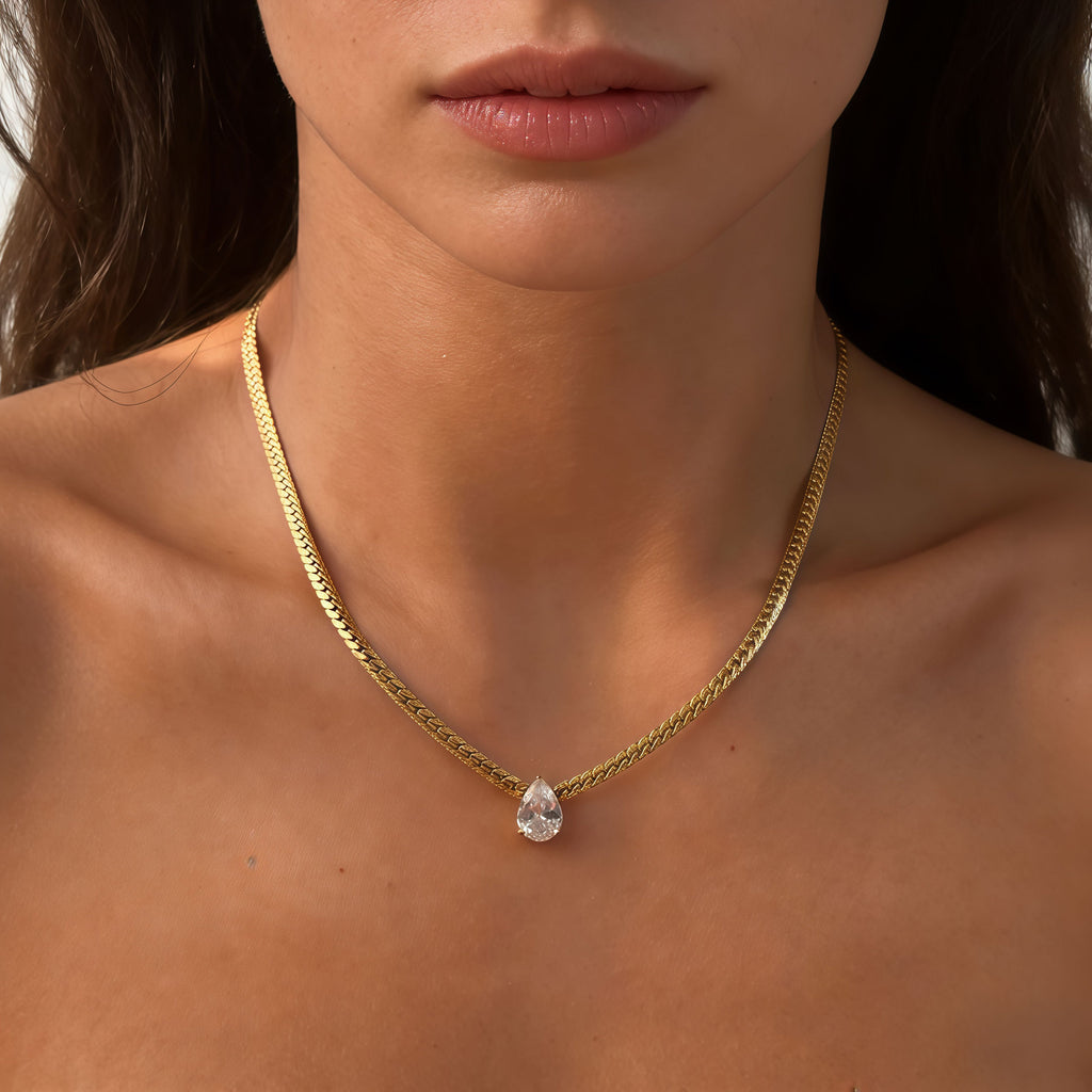 Gold Teardrop Zircon Stainless Steel Necklace Snake Chain Pendant