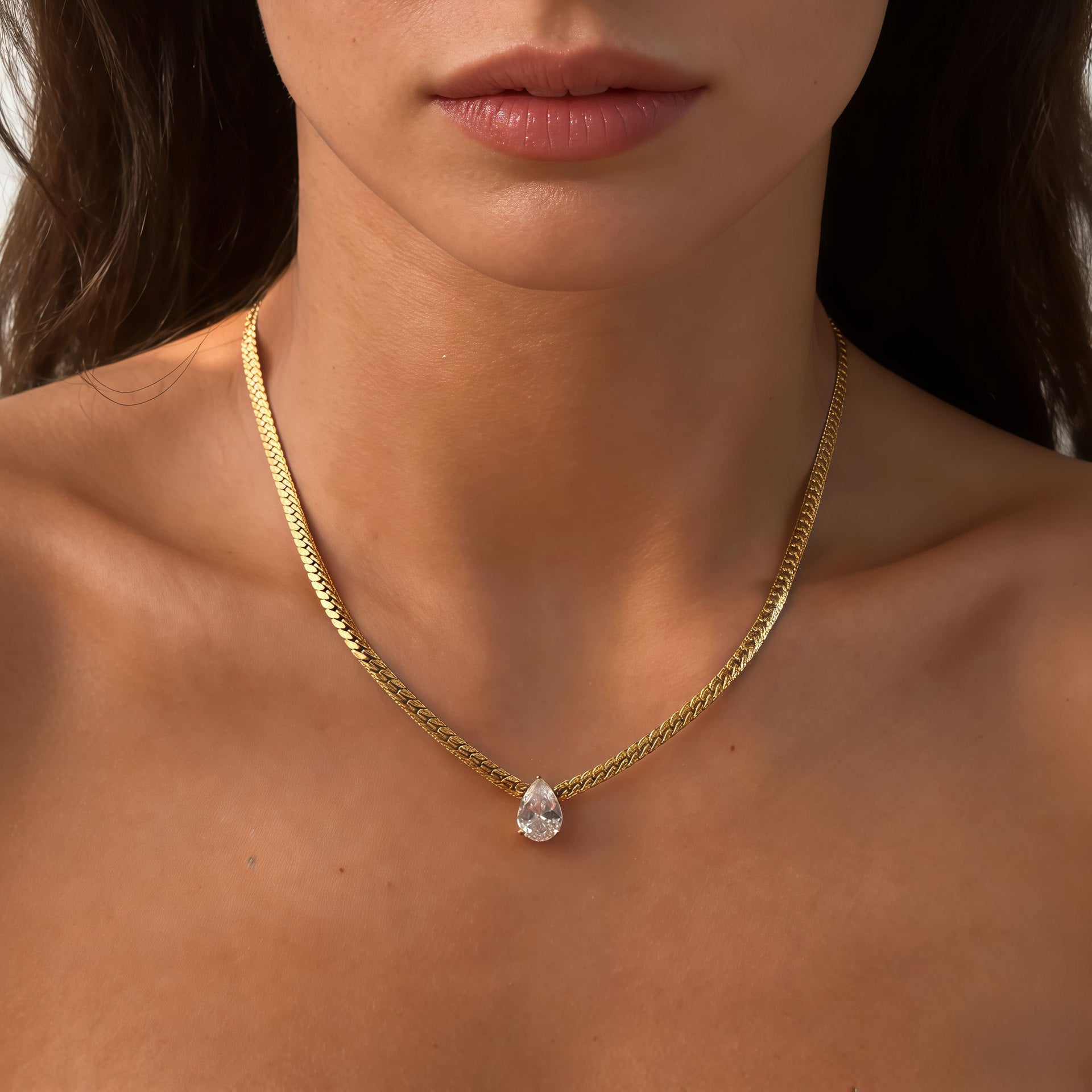 Gold Teardrop Zircon Stainless Steel Necklace Snake Chain Pendant